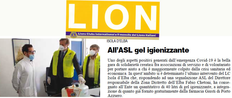 Lions Club Isola d’Elba, consegnata alla ASL fornitura di gel igienizzante
